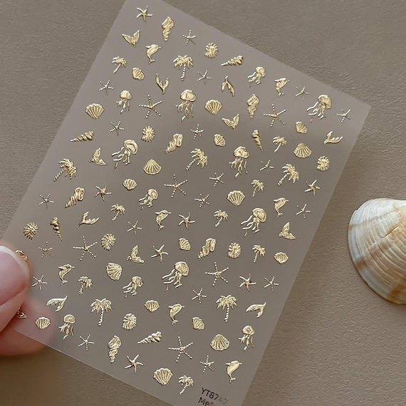 Gold Silver Ocean Nail Stickers Jellyfish Seashell Starfish Nail Decals Nail Art & Phone Case DIY