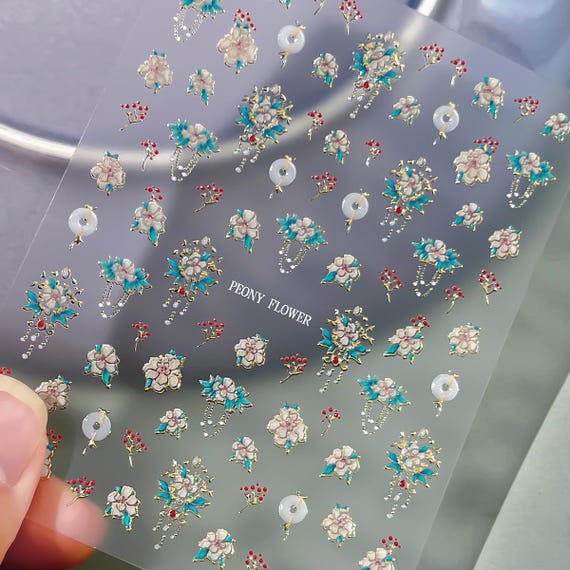 Spring Chinese Peony Flowers Floral Nail decal sticker/ Nail art/ 3D Adhesive/ DIY use