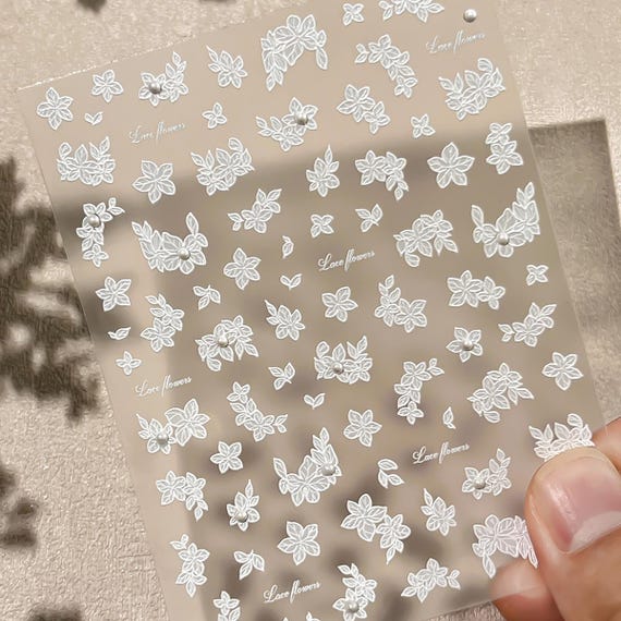 Spring White Lace Floral Flowers Nail decal sticker/ Nail art/ 3D Adhesive/ DIY use