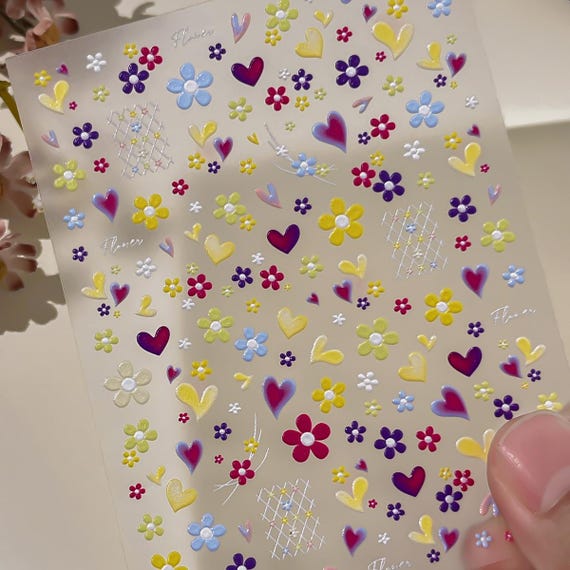 Spring Love Heart Floral Flowers Nail decal sticker/ Nail art/ 3D Adhesive/ DIY use