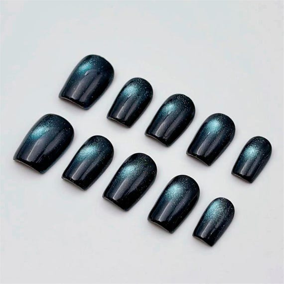Hand Painted Press On Nails: Dark Blue Starlight Cat's Eye , Reusable Faux Nails