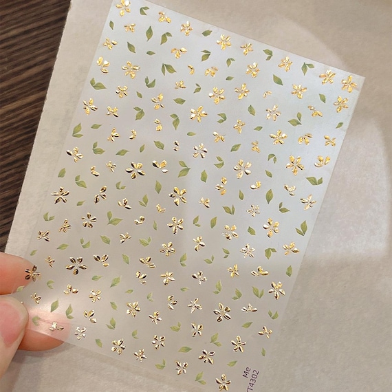 Little golden flower nail decal sticker/ Floral nail art/ 3D Green leaves/ DIY use