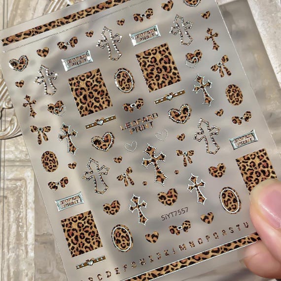 Leopard Print Cross Nail decal sticker/ Nail art/ 3D Adhesive/ DIY use