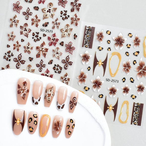 2PCS Leopard Lily Nail decal sticker/ Fresh nail art/ 3D Adhesive/ DIY use