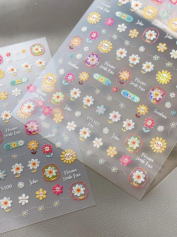 Sunflower Spring and Summer Doodle Nail decal sticker/ Fresh Nail art/ 3D Adhesive/ DIY use