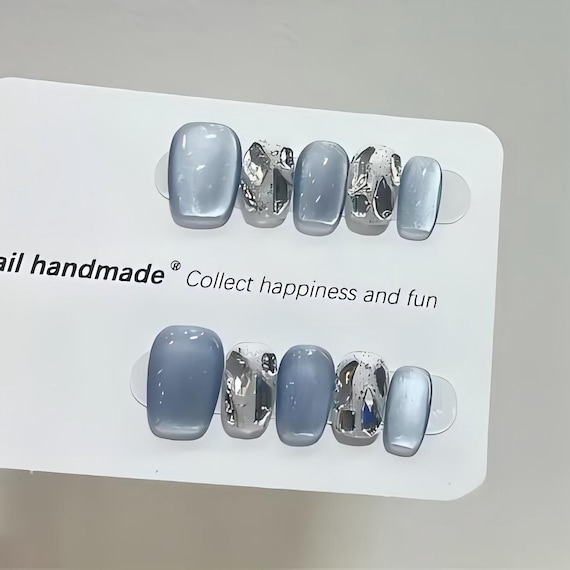 Hand Painted Press On Nails: Ice Blue Cat's Eye , Reusable Faux Nails