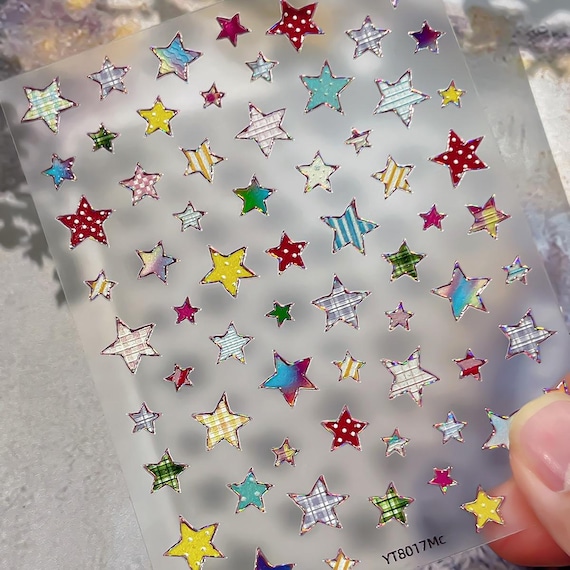 Dopamine Colored Plaid Pentagram Stars Nail decal sticker/ Nail art/ 3D Adhesive/ DIY use