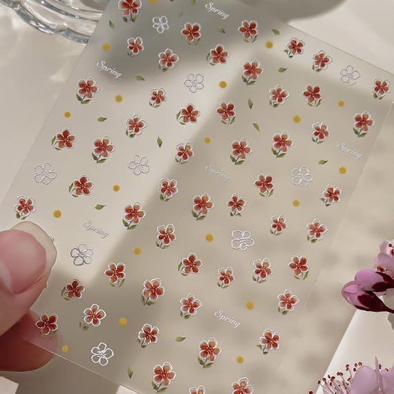 Spring Red Floral Flowers Nail decal sticker/ Nail art/ 3D Adhesive/ DIY use