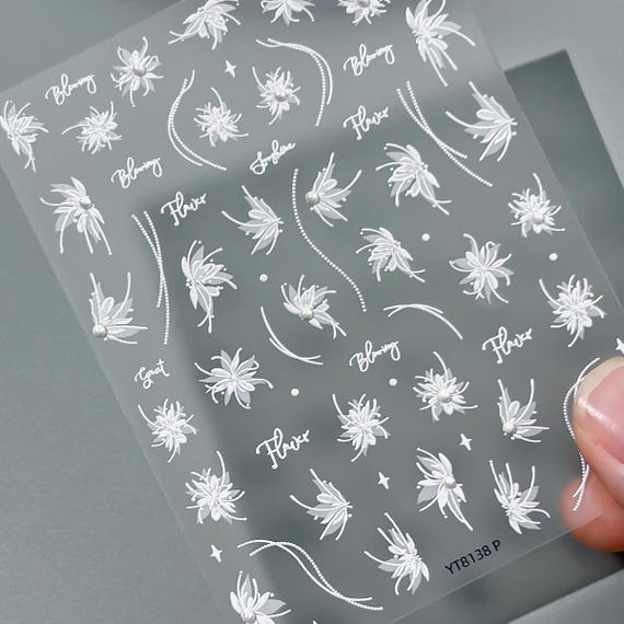 Spring White Pearl Floral Flowers Nail decal sticker/ Nail art/ 3D Adhesive/ DIY use