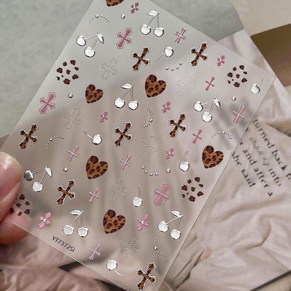 Amber Leopard Print Cherry Cross Nail decal sticker/ Nail art/ 3D Adhesive/ DIY use