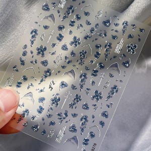3D-präglade nagelklistermärken med blått bläck och blommigt tryck, dekaler i kinesisk stil för naglar och telefonskal, DIY-pysseldekor