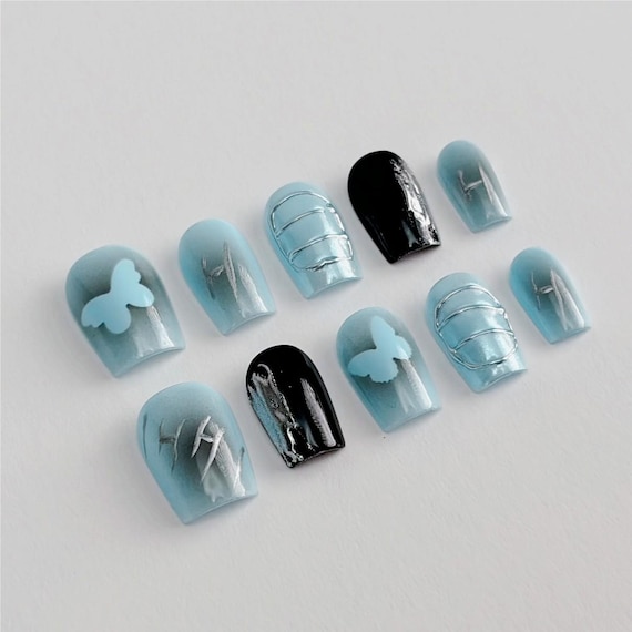 Hand Painted Press On Nails: Sky blue Butterfly , Reusable Faux Nails