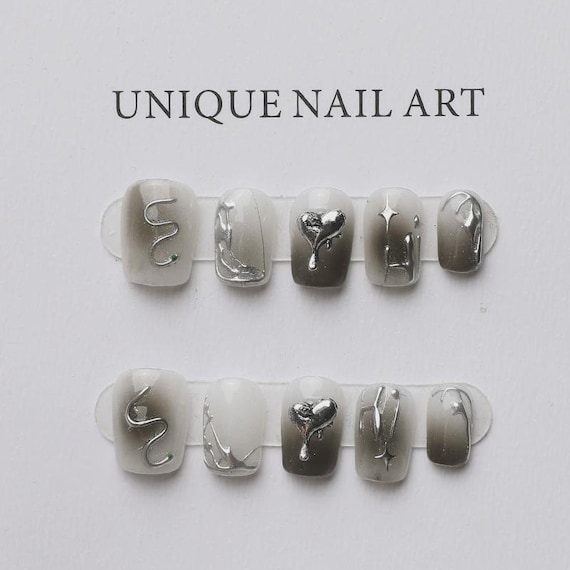 Hand Painted Press On Nails: Grey short nails , Reusable Faux Nails