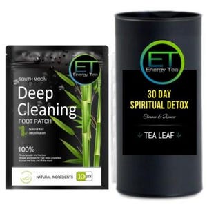 May include: A black packet of "Deep Cleaning Foot Patch" and a black cylindrical container labelled "30 Day Spiritual Detox". Both items feature the "ET Energy Tea" logo in green and blue. The foot patch package includes text about natural ingredients.