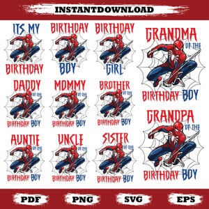 Könnte beinhalten: Ein digitaler Download mit verschiedenen Spider-Man-Designs für Geburtstage. Die Designs enthalten Sätze wie "Birthday Boy", "Oma" und "Tante" mit rotem und blauem Text. Formate: PDF, PNG, SVG und EPS.