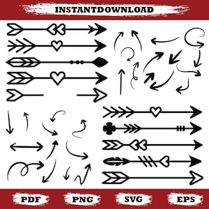 Könnte beinhalten: Schwarz-weißer digitaler Download verschiedener Pfeildesigns. Die Pfeile umfassen gerade, gebogene und dekorative Stile, einige mit Herz- und Blumenakzenten. Der Text "INSTANTDOWNLOAD" befindet sich oben, mit "PDF", "PNG", "SVG" und "EPS" unten.