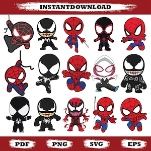 Op de afbeelding: Een verzameling cartoon illustraties met verschillende Spider-Man personages en gerelateerde figuren. De personages zijn afgebeeld in een chibi-stijl, met dikke contouren en levendige kleuren. De afbeelding bevat de tekst "INSTANTDOWNLOAD" bovenaan.