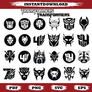 Könnte beinhalten: Eine Sammlung von schwarzen und weißen Transformers-Logos und Charakterdesigns. Das Bild enthält verschiedene kreisförmige und geometrische Embleme sowie den Text "INSTANTDOWNLOAD" und Dateityp-Indikatoren wie "PDF", "PNG", "SVG" und "EPS".