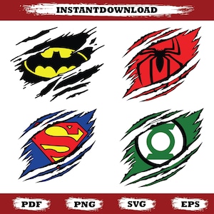 以下が含まれることがあります： バットマン、スパイダーマン、スーパーマン、グリーンランタンの4つのスーパーヒーローのロゴを特徴とするデジタルダウンロードグラフィック。各ロゴは、表面を突き破っているように見えるように設計されています。画像には上部に「INSTANTDOWNLOAD」というテキストが含まれています。
