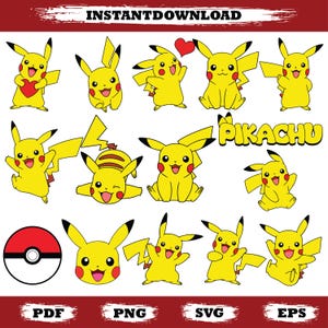 Könnte beinhalten: Eine Sammlung gelber Pikachu-Illustrationen in verschiedenen Posen, mit schwarzen Ohrenspitzen und roten Wangen. Das Wort "Pikachu" wird in gelber Schrift angezeigt. Ein rot-weißer Pokéball ist ebenfalls enthalten. Der Text "INSTANTDOWNLOAD" steht oben.