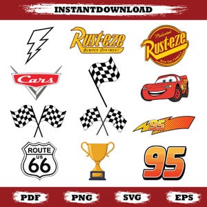 Op de afbeelding: Een verzameling vectorafbeeldingen met elementen uit de film Cars. Inclusief het Cars-logo, Bliksem McQueen, racevlaggen, het nummer 95, het Route 66-bord en het Rusteze-logo. De tekst "INSTANTDOWNLOAD" staat bovenaan.
