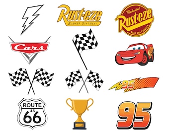 Puede incluir: Colección de gráficos vectoriales con elementos de la película Cars. Incluye el logotipo de Cars, Rayo McQueen, banderas de carreras, el número 95, el letrero de la Ruta 66 y el logotipo de Rusteze. Las palabras "INSTANTDOWNLOAD" están en la parte superior.