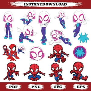 Puede incluir: Ilustraciones digitales de Spider-Gwen y Spider-Man en varias poses. Spider-Gwen se muestra con una máscara blanca y rosa y un traje morado y azul. Spider-Man está con un traje rojo y azul. La imagen incluye el texto "INSTANTDOWNLOAD".