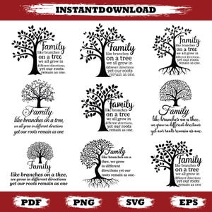 Könnte beinhalten: Digitaler Download-Grafik mit neun schwarzen Baumdesigns mit dem Wort "Familie" und dem Zitat "wie Äste an einem Baum, wir wachsen alle in verschiedene Richtungen, doch unsere Wurzeln bleiben eins." Enthält PDF, PNG, SVG und EPS Formate.