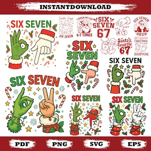 Könnte beinhalten: Eine Sammlung von digitalen Designs zum Thema Weihnachten mit dem Text "SIX SEVEN" und verschiedenen Handgesten. Die Designs beinhalten den Weihnachtsmann, Zuckerstangen und Stechpalmen, mit den Dateiformaten PDF, PNG, SVG und EPS.