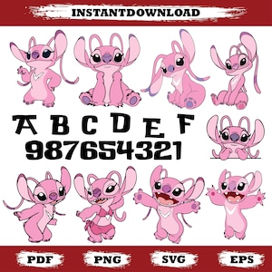 May include: A selection of pink cartoon character illustrations in different poses. The image includes the letters A to F, the numbers 987654321, and the file type abbreviations PDF, PNG, SVG, and EPS. The text "INSTANTDOWNLOAD" is at the top.