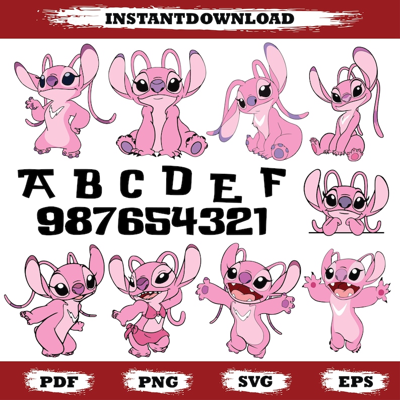 May include: A selection of pink cartoon character illustrations in different poses. The image includes the letters A to F, the numbers 987654321, and the file type abbreviations PDF, PNG, SVG, and EPS. The text "INSTANTDOWNLOAD" is at the top.
