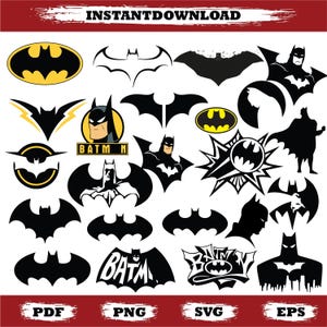 Könnte beinhalten: Eine Sammlung von Batman-Grafiken in verschiedenen Stilen. Enthält das Batman-Logo, Silhouette-Figuren und den Text "INSTANTDOWNLOAD". Formate: PDF, PNG, SVG und EPS.