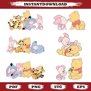 Könnte beinhalten: Eine Sammlung von Cartoon-Illustrationen mit Winnie Puuh und seinen Freunden. Die Bilder zeigen Puuh, Ferkel, Tiger und Eeyore in verschiedenen Posen, mit weißem Hintergrund. Der obere Teil des Bildes enthält den Text "INSTANTDOWNLOAD". Der untere Teil enthält die Texte "PDF", "PNG", "SVG" und "EPS".