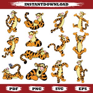 May include: A collection of cartoon images of Tigger in various poses. The images are in orange and black, with a white background. The text "INSTANTDOWNLOAD" is at the top, and "PDF", "PNG", "SVG", and "EPS" are at the bottom.