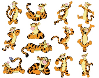 May include: A collection of cartoon images of Tigger in various poses. The images are in orange and black, with a white background. The text "INSTANTDOWNLOAD" is at the top, and "PDF", "PNG", "SVG", and "EPS" are at the bottom.