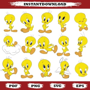 Op de afbeelding: Een verzameling gele cartoonafbeeldingen van Tweety Bird in verschillende poses. De afbeeldingen tonen Tweety Bird zittend, staand en vliegend. De woorden "INSTANTDOWNLOAD" staan bovenaan en "PDF", "PNG", "SVG" en "EPS" onderaan.