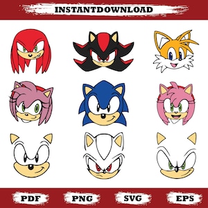 May include: Digital download featuring nine cartoon character faces, including Sonic, Tails, and Knuckles. The characters are in various colors, with bold outlines. The top of the image reads "INSTANTDOWNLOAD". Below are file type options: PDF, PNG, SVG, and EPS.