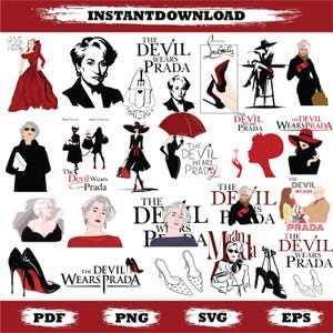 Könnte beinhalten: Digitaler Download-Grafik mit Illustrationen und Text zu "Der Teufel trägt Prada". Das Bild zeigt Darstellungen von Charakteren, Modeelementen und dem Filmtitel. Formate: PDF, PNG, SVG und EPS. Ein stilvolles Design.