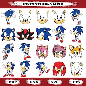 May include: A digital download graphic featuring various illustrations of Sonic the Hedgehog and other characters. The images include full body poses, faces, and character heads in blue, red, pink, and yellow. The text "INSTANTDOWNLOAD" is at the top, with file type options at the bottom.