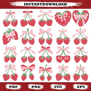 Könnte beinhalten: Eine digitale Download-Grafik mit verschiedenen Illustrationen von Erdbeeren und erdbeerförmigen Herzen mit rosa Schleifen. Der Text "INSTANTDOWNLOAD" steht oben, und Dateitypoptionen sind unten.
