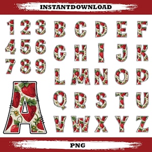 Könnte beinhalten: Eine Sammlung von Buchstaben und Zahlen, die jeweils mit einem Erdbeermuster verziert sind. Die Buchstaben und Zahlen haben eine dicke schwarze Umrandung und einen weißen Hintergrund. Die Wörter "INSTANTDOWNLOAD" und "PNG" sind ebenfalls sichtbar.