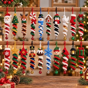 May include: A collection of twenty crocheted Christmas ornaments hanging from a wooden rack. Each ornament features a character or holiday symbol at the top, such as Santa, a reindeer, or a snowflake, attached to a colorful spiral tail with a bell.
