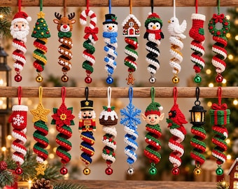 May include: A collection of twenty crocheted Christmas ornaments hanging from wooden bars. Each ornament features a character or holiday symbol at the top, such as Santa, a reindeer, or a snowflake, attached to a colorful spiraling tail with a small bell.