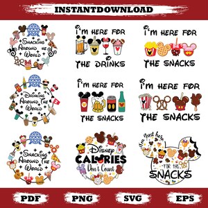 Op de afbeelding: Een verzameling digitale downloads met Mickey Mouse-thema ontwerpen. De ontwerpen bevatten zinnen als "I'm here for the drinks" en "I'm here for the snacks", samen met illustraties van eten en drinken. Beschikbaar in PDF-, PNG-, SVG- en EPS-formaten.
