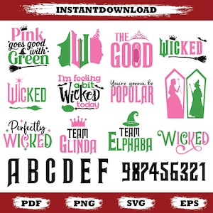 Puede incluir: Un diseño gráfico de descarga digital con texto e ilustraciones en rosa, verde y negro. El diseño incluye frases como "Pink goes good with Green", "Wicked" y "Team Glinda". La imagen también incluye las letras A-F y números.