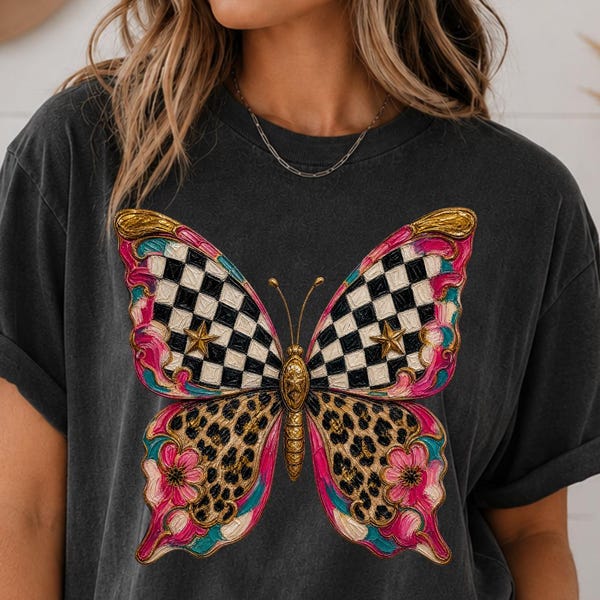Pinselstrich Schmetterling PNG, Leopard karierte Schmetterling Clipart, Boho Schmetterling DTF Design, Sublimationsschmetterling, Wandkunst,