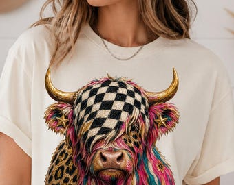Brushstroke Highland Cow PNG Digital Download, Leopard Checkered Clipart, Western Boho Cow DTF Design, Funny Wall Art, Country Girl Graphic