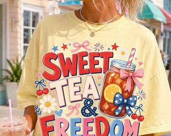 Sweet Tea & Freedom PNG, Patriotic Southern Shirt Design, Coquette Americana PNG, July 4th Sublimation Design, Southern Girl Tee