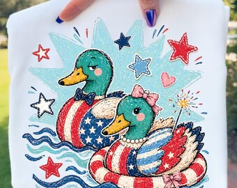 Preppy Duck PNG Colorful Summer Lake Design, Patriotic Cute Mallard Ducks Digital Download, Girly July 4th Shirt Trendy Png