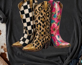 Brushstroke Cowboy Boots PNG, Western Leopard Print Boots Clipart, Checkered Boot,Sublimation Design Print, Boho Country Girl Graphic